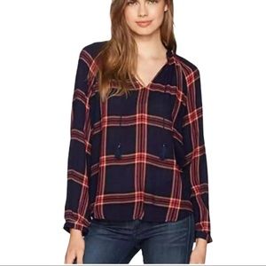 Lucky Brand Navy Red Plaid Blouse Size Large | Tassel V-Neck Sheer Top